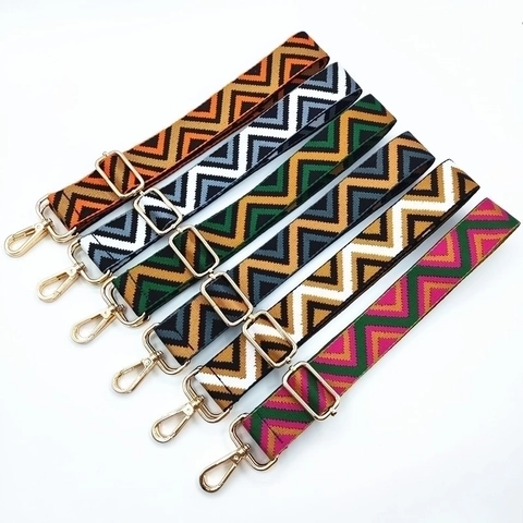 Adjustable Replacement Bag Strap Polyester Webbing For Crossbody Shoulder Handbag Ethnic Chevron Pattern Women Gold Buckles