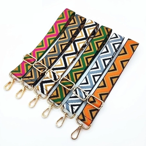Adjustable Replacement Bag Strap Polyester Webbing For Crossbody Shoulder Handbag Ethnic Chevron Pattern Women Gold Buckles