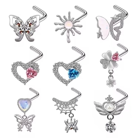 Stainless Steel Copper Rhinestone Nose Studs For Women Men Heart Spider Butterfly Star Moon L-Shaped Piercing Body Jewelry