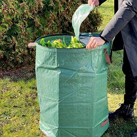 Garden Waste Bag PP Woven Leaf Collection Sack With Handles Zipper Lid Waterproof Foldable Lawn Grass Yard Container