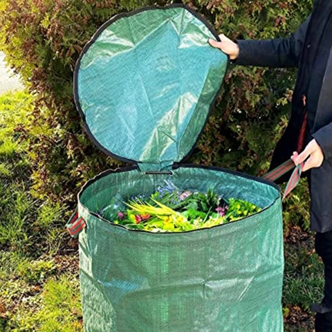 Garden Waste Bag PP Woven Leaf Collection Sack With Handles Zipper Lid Waterproof Foldable Lawn Grass Yard Container