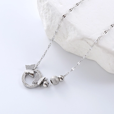 Butterfly Necklace And Bracelet Stainless Steel Frosted Beads Interlocking Rhinestone Rings Elegant Women Jewelry