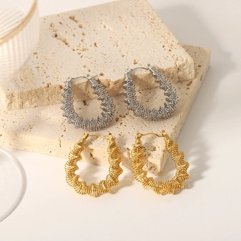 Stainless Steel Hoop Earrings For Women French Retro Wire Wrapped Spiral Texture Geometric Gold Plated Vintage Jewelry