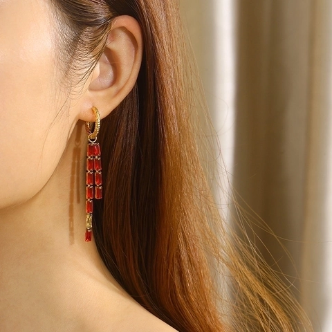 Pendientes Largos de Borla de Acero de Titanio con Circonia Rectangular para Mujer Bañados en Oro de 18K Joyería Elegante