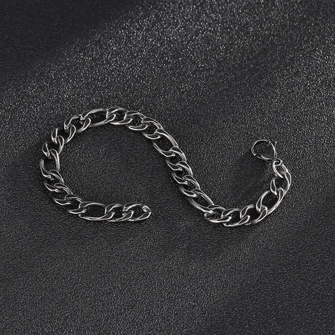 Retro Stainless Steel Figaro Chain Bracelet Distressed Vintage Cuban Link Jewelry For Men And Women With Lobster Clasp