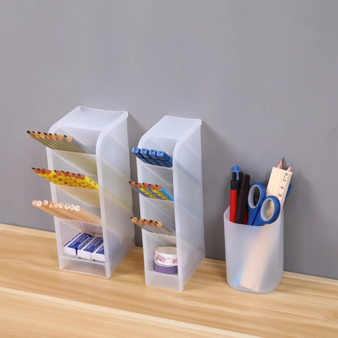 Slanted Pen Holder Multi-Grid Plastic Stationery Storage Box Desktop Organizer For Office School Makeup Brushes Frosted