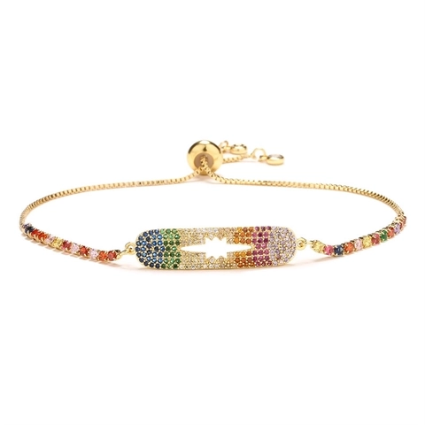Gold Plated Copper Adjustable Slider Bracelet Rainbow Zircon Fishbone Arrow Anchor Star Charms Fashion Jewelry Women