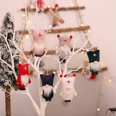 Ornamenti da Appendere a Forma di Gnomo di Natale Nordico Fatti a Mano in Peluche Con Barba in Pelliccia Sintetica Ricamo a Stella e Fiocco di Neve Decorazione per Albero