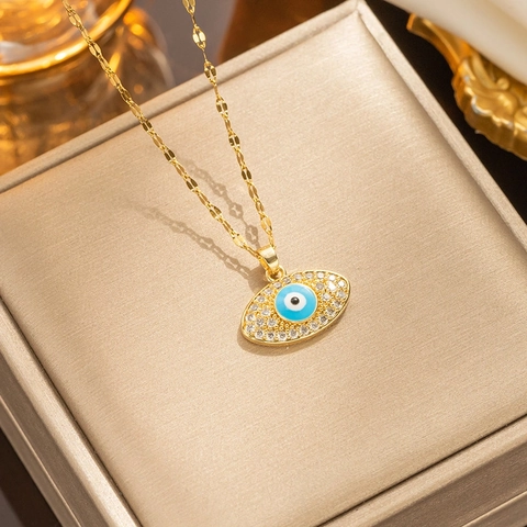 Collana con Pendente Malocchio in Acciaio Inossidabile Vintage Placcato Oro Argento Strass Occhio Blu Gioielli per Donna