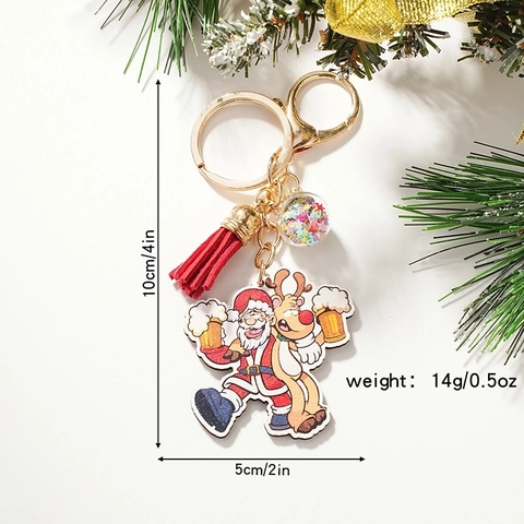Cartoon Christmas Santa Claus Keychain Set Wooden Reindeer Pendant Red Tassel Glitter Ball Key Ring For Holiday Bag Decor