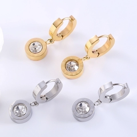 Stainless Steel Roman Numeral Dangle Huggie Hoop Earrings For Women With Zircon Inlay 18K Gold Plated Trend Accessory