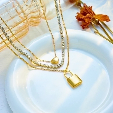 Gold Plated Stainless Steel Multi Layer Necklace For Women Heart Padlock Pendant Rhinestone Chain Punk Hip Hop Jewelry Gift