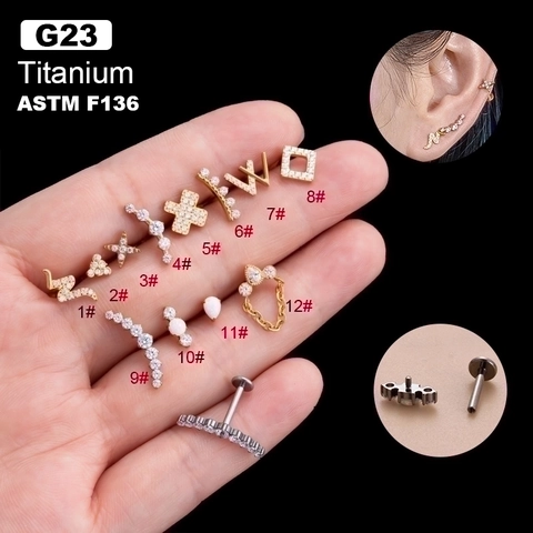 G23 Titanium Cartilage Earrings Internal Threaded Labret Piercing Stud With Zirconia Opal Star Cross Geometric For Women