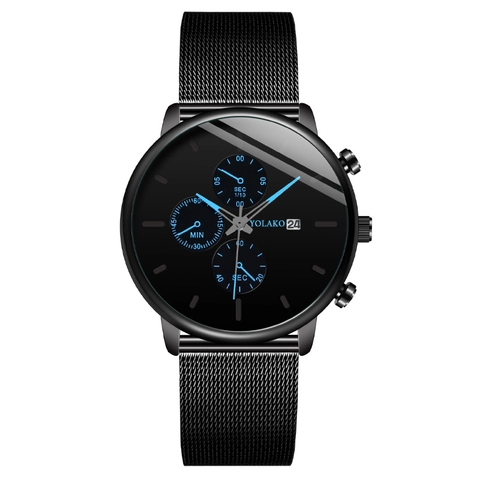 Men Business Fashion Quartz Watch Stainless Steel Mesh Band Calendar Three Eye Dial Round Waterproof Analog Wristwatch Gift