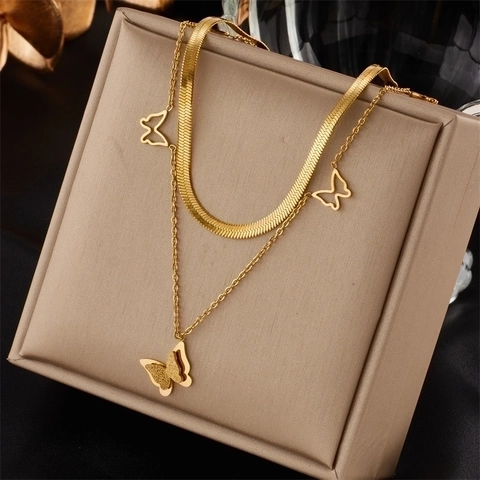Double Layer Butterfly Pendant Necklace Stainless Steel Herringbone Chain Gold Plated Elegant Jewelry For Women