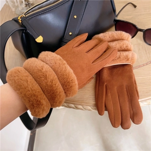 Women's Winter Suede Warm Gloves With Faux Fur Cuff Touch Screen Embroidery Thickened Windproof Outdoor Riding Mittens