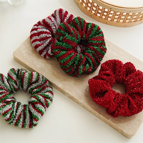 Christmas Scrunchies Hair Ties Metallic Sparkling Glitter Striped Red Green Silver Polyester High Elasticity Party For Women