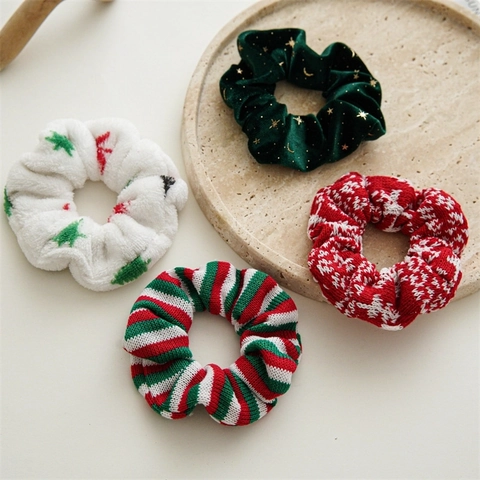 Christmas Scrunchies Hair Ties Velvet Knit Plush Fabric Elastic Festive Holiday Hair Accessories Women Girls