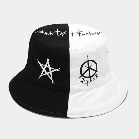 Cappello Alla Pescatora Con Stampa Graffiti Tela Di Cotone Bianco Nero Contrasto Patchwork Streetwear Hip Hop Unisex