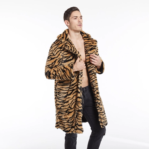Herren Kunstpelz Mantel Tigerstreifen Zebra Print Lang Winter Warm Locker Revers Oberbekleidung Mode Übermantel Luxus