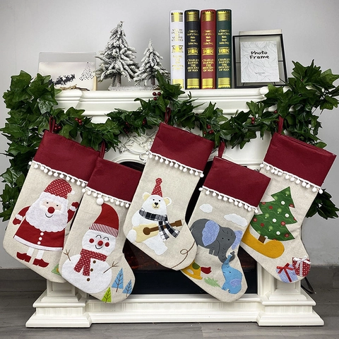 Christmas Stockings Burlap Linen Gift Bags With Embroidered Applique For Holiday Fireplace Hanging Decor Santa Snowman