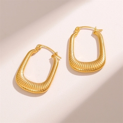 Rechteckige Creolen Edelstahl Vergoldet Gestreifte Rippentextur Geometrischer Minimalistischer Schmuck Für Damen