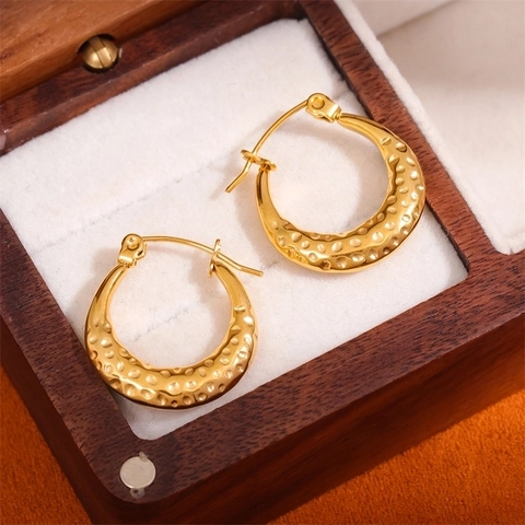 Orecchini A Cerchio In Acciaio Inossidabile Martellato Texture Fusa Vintage Accessorio Moda