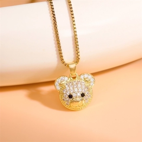 Collana Con Ciondolo Orso Carino In Acciaio Inossidabile Con Zircone Lucido Strass Testa Di Orso Cartone Animato Per Donna