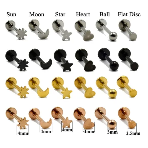 Stainless Steel Internally Threaded Labret Studs Heart Star Moon Sun Shape Flat Back Ear Cartilage Piercing Jewelry