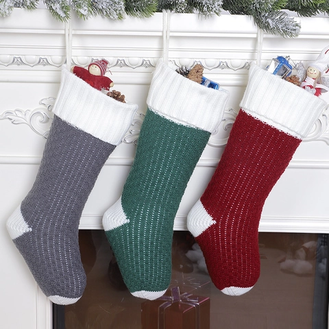 Calza Di Natale In Maglia Acrilico Trecce Sacco Regalo Da Appendere Decorazione Festa Camino Rosso Verde Grigio