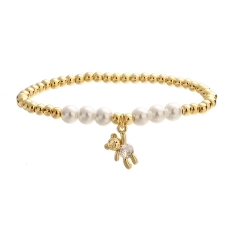 Bracciale Con Perline In Rame Placcato Oro Alla Moda Con Perla Artificial D'Imitazione Bianca E Ciondolo Orso Uccello In Zircone
