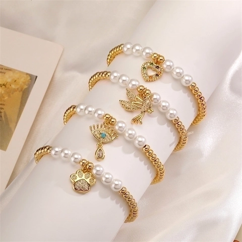 Pulsera de Cuentas de Cobre y Perlas Artificiales de Moda Minimalista para Mujer Joyería con Dije de Corazón Ojo Turco Pájaro Pata de Gato