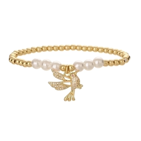 Pulsera de Cuentas de Cobre y Perlas Artificiales de Moda Minimalista para Mujer Joyería con Dije de Corazón Ojo Turco Pájaro Pata de Gato