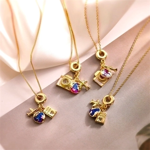 Copper Pendant Necklace Women Travel Theme Airplane Globe Camera Passport Enamel Zircon Inlaid Golden Trendy Jewelry
