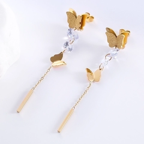 Pendientes Borla Mariposa Acero Inoxidable Mujeres Circón Esmerilado Cadena Larga Gota Joyería Dulce