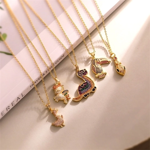 Collier Pendentif Animal Cuivre Plaqué Or Zircon Coloré Dinosaure Licorne Toucan Serpent Bijoux Élégants Chic Femmes