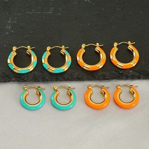 Chunky Hoop Earrings Stainless Steel 18K Gold Plated Enamel Geometric Colorful Fashion Jewelry For Women