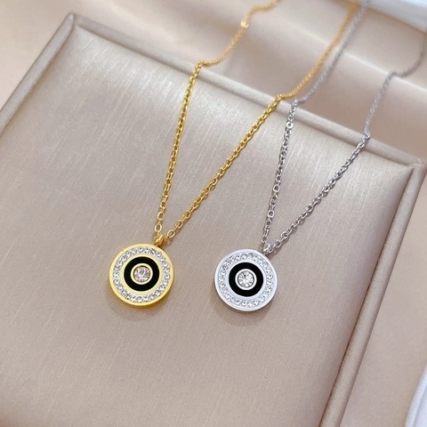 Collar Con Colgante De Círculo Redondo Acero De Titanio Esmalte Negro Estrás Cadena De Clavícula Minimalista Joyería Para Mujer