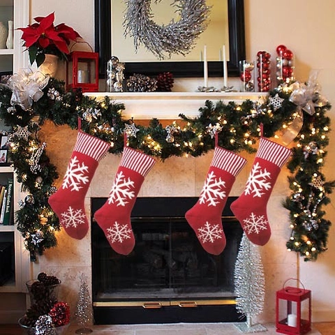 Weihnachtsstrümpfe Gestrickt Rot Weiß Schneeflockenmuster Gestreifte Manschette Große Geschenktüten Feiertagsdeko Haus Party