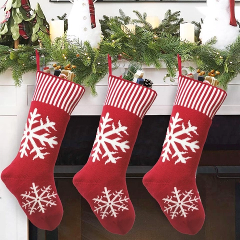 Weihnachtsstrümpfe Gestrickt Rot Weiß Schneeflockenmuster Gestreifte Manschette Große Geschenktüten Feiertagsdeko Haus Party