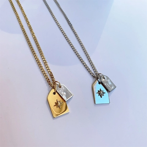 Collar De Doble Colgante De Acero Inoxidable Estrella De Ocho Puntas Concha Placa Rectangular Cadena De Eslabones Cubanos