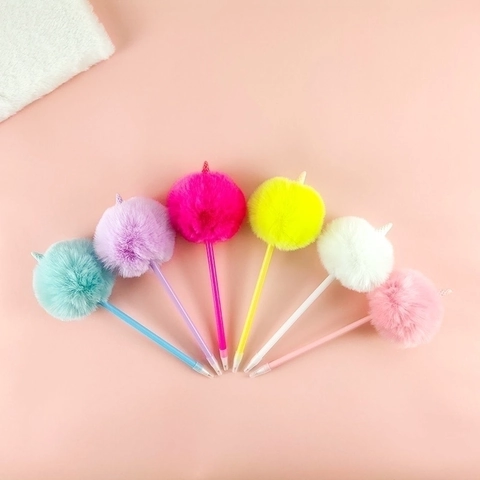 Stylo À Bille Licorne Mignon Avec Boule En Peluche Corps En Plastique Corne À Paillettes Papeterie Kawaii Fournitures