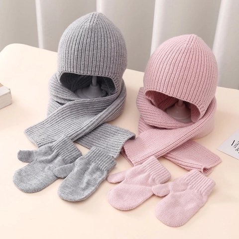 Infant Winter Warm Knit Hat Scarf Gloves Combo For Toddlers Soft Acrylic Ribbed Baby Beanie Mittens Toddler Accessories