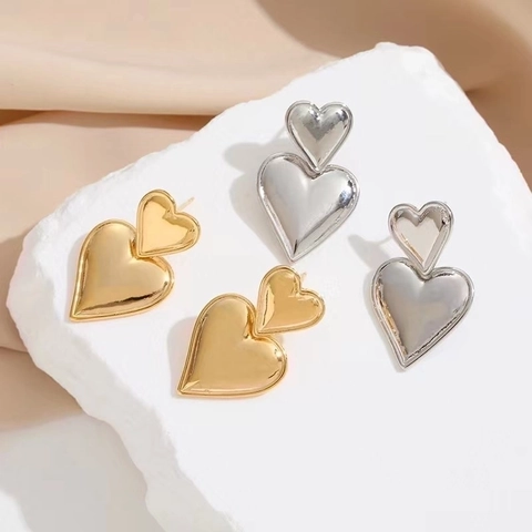 Doppel Herz Ohrhänger Messing 18K Vergoldet Mit 925 Sterling Silber Ohrstecker Eleganter Schmuck Für Damen
