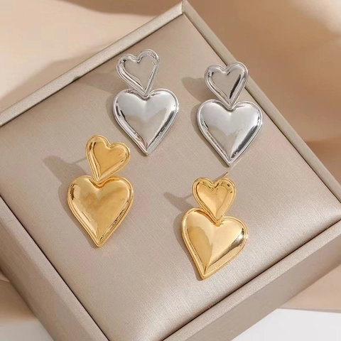 Doppel Herz Ohrhänger Messing 18K Vergoldet Mit 925 Sterling Silber Ohrstecker Eleganter Schmuck Für Damen