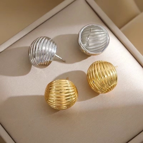 Minimalist Textured Ball Stud Earrings Brass With 925 Sterling Silver Earring Post Pleated Geometric Sphere Ear Jewelry