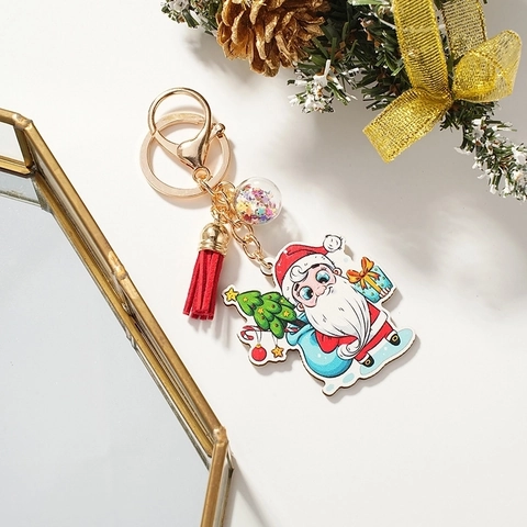 Portachiavi con Babbo Natale Cartone Animato Ciondolo in Acrilico e Lega per Borsa Nappa Rossa Paillettes Regalo per Feste Natalizie