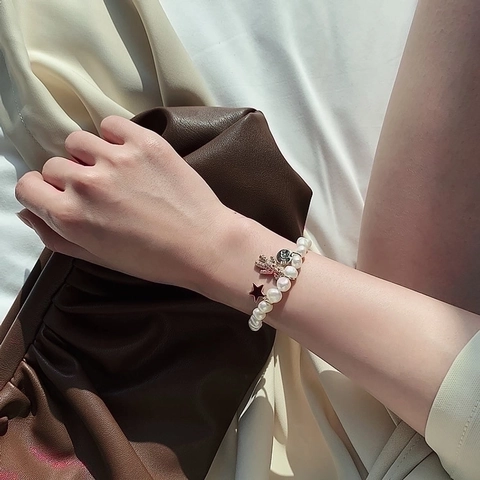 Freshwater Pearl Bracelet For Women Gold Plated Metal With Zirconia Bear Star Love Charms Adjustable Slider Clasp Elegant