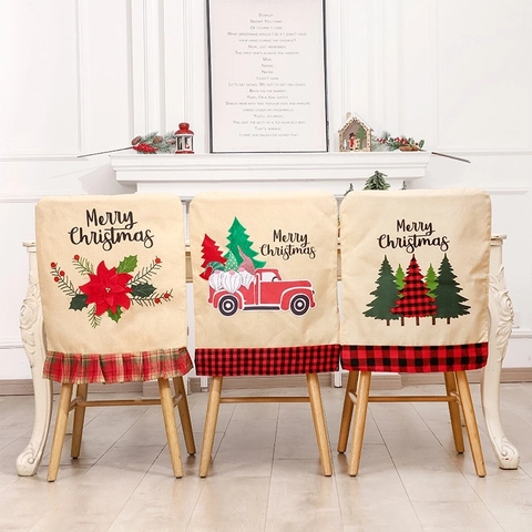 Weihnachts Stuhlbezüge Leinenoptik Frohe Weihnachten Kariert Rüschensaum Esszimmer Restaurant Deko