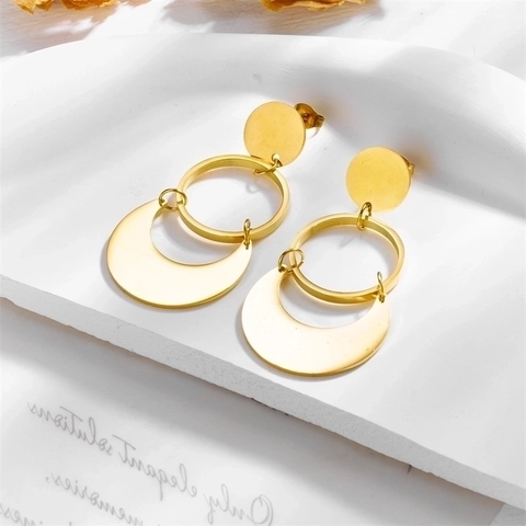 Geometric Circle Crescent Moon Drop Earrings For Women Gold Plated Stainless Steel Tiered Dangle Earrings Fashion Jewelry